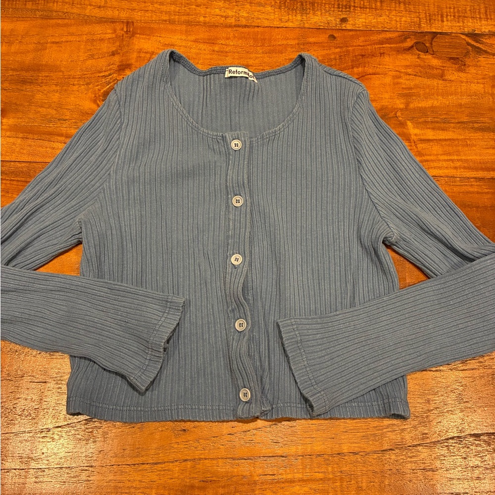 Reformation Ribbed Knit 3 Piece Set Camisole, Cardigan, Skirt Slate Blue Small